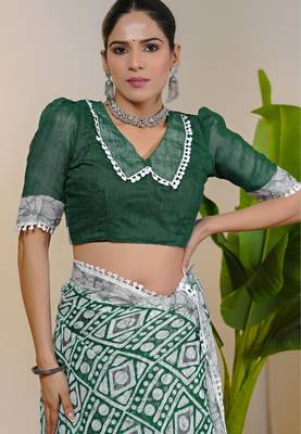 cotton blend batik block print ready to wear saree with pocket green 4
