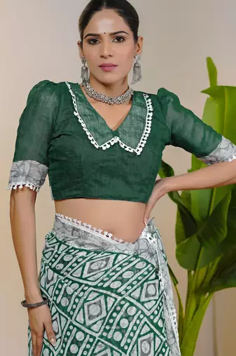 cotton blend batik block print ready to wear saree with pocket green