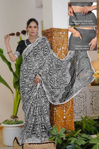 cotton blend batik block print ready to wear saree with pocket black