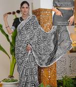 cotton blend batik block print ready to wear saree with pocket black