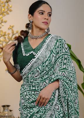 cotton blend batik block print ready to wear saree with pocket green 5