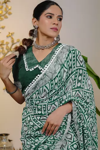 cotton blend batik block print ready to wear saree with pocket green