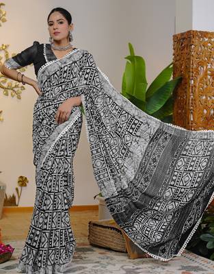 cotton blend batik block print ready to wear saree with pocket black 2