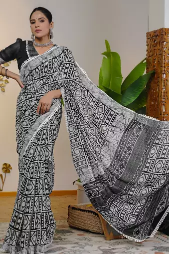 cotton blend batik block print ready to wear saree with pocket black