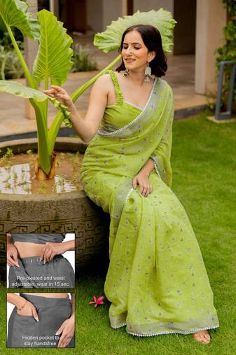 cotton blend floral print ready to wear saree with pocket olive green