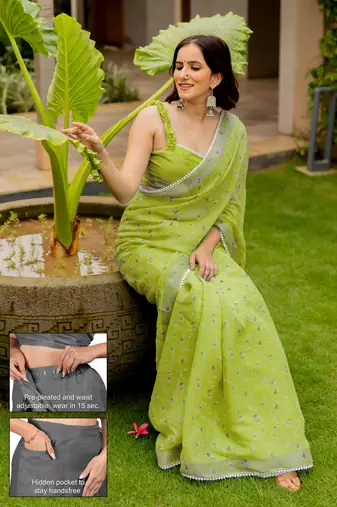 cotton blend floral print ready to wear saree with pocket olive green