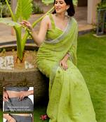cotton blend floral print ready to wear saree with pocket olive green
