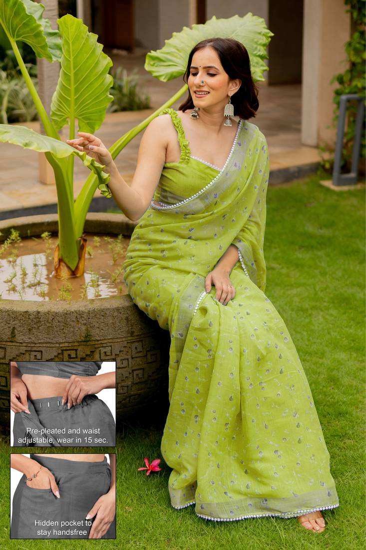 cotton blend floral print ready to wear saree with pocket olive green