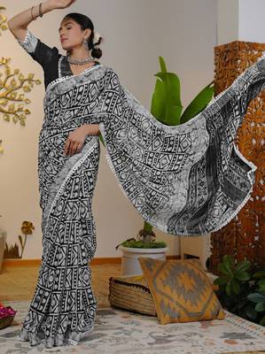 cotton blend batik block print ready to wear saree with pocket black 3