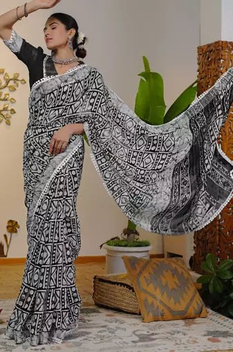 cotton blend batik block print ready to wear saree with pocket black