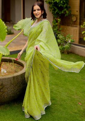 cotton blend floral print ready to wear saree with pocket olive green 2