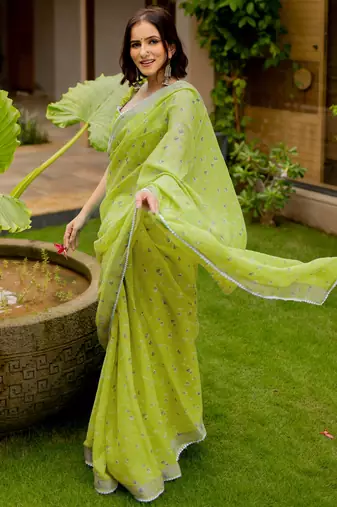 cotton blend floral print ready to wear saree with pocket olive green