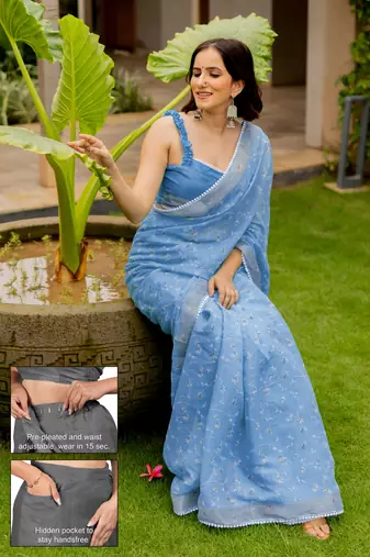 cotton blend floral print ready to wear saree with pocket sky blue