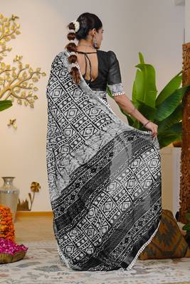cotton blend batik block print ready to wear saree with pocket black 4