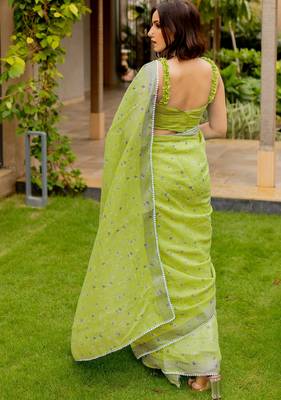 cotton blend floral print ready to wear saree with pocket olive green 3