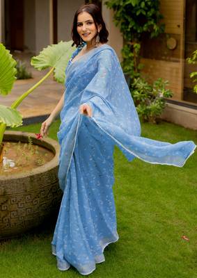 cotton blend floral print ready to wear saree with pocket sky blue 2