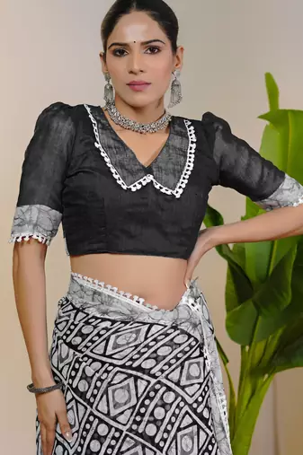 cotton blend batik block print ready to wear saree with pocket black