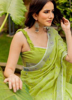 cotton blend floral print ready to wear saree with pocket olive green 5