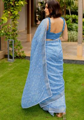 cotton blend floral print ready to wear saree with pocket sky blue 3