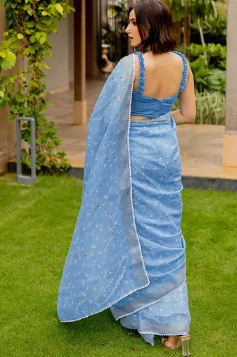 cotton blend floral print ready to wear saree with pocket sky blue