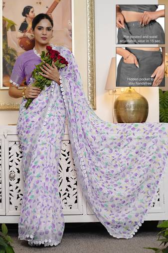 cotton blend floral print ready to wear saree with pocket off white