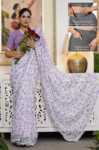 cotton blend floral print ready to wear saree with pocket off white