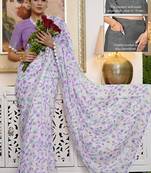 cotton blend floral print ready to wear saree with pocket off white