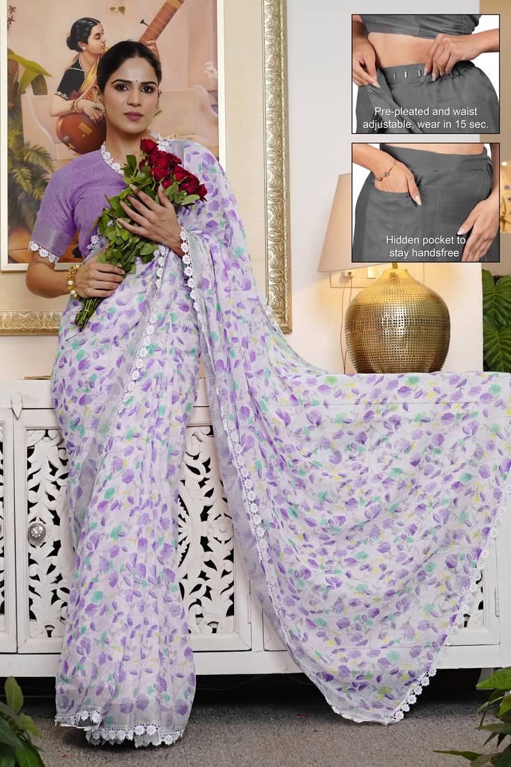 cotton blend floral print ready to wear saree with pocket off white