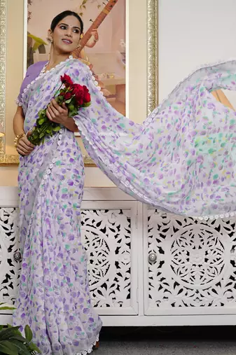 cotton blend floral print ready to wear saree with pocket off white