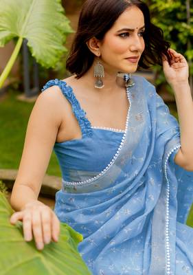 cotton blend floral print ready to wear saree with pocket sky blue 5