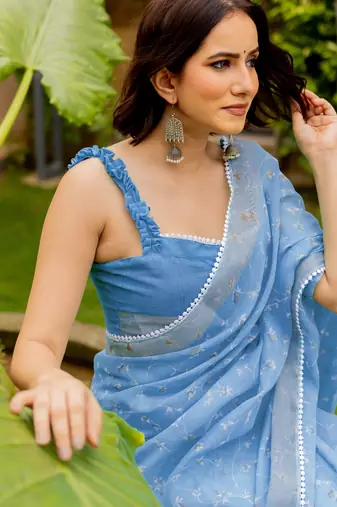 cotton blend floral print ready to wear saree with pocket sky blue