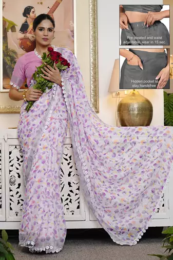 cotton blend floral print ready to wear saree with pocket off white
