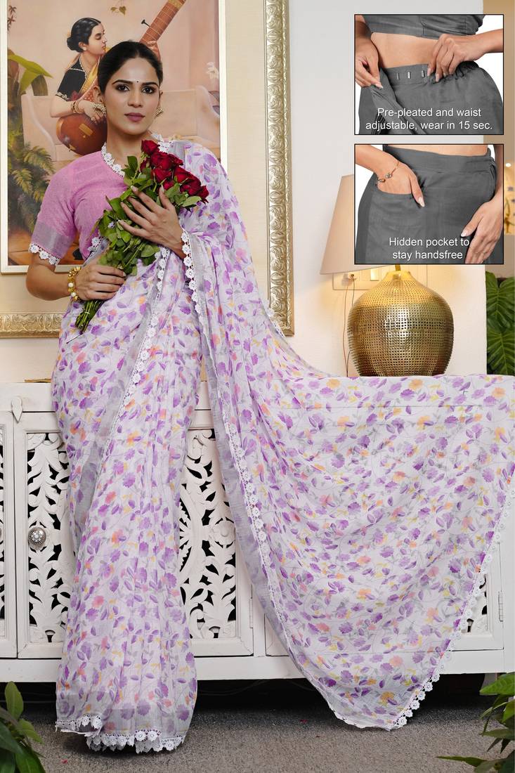 cotton blend floral print ready to wear saree with pocket off white