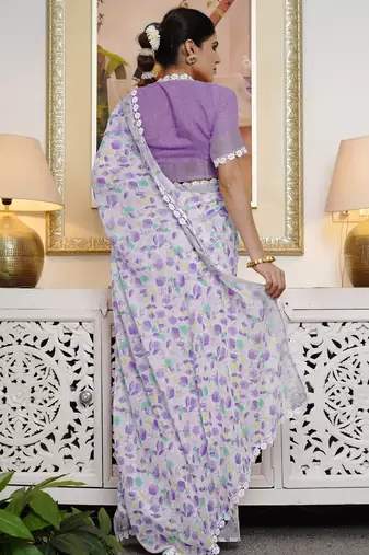 cotton blend floral print ready to wear saree with pocket off white