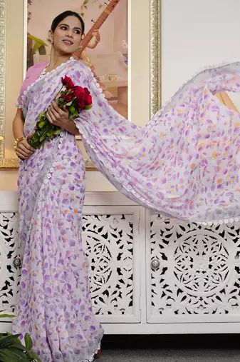cotton blend floral print ready to wear saree with pocket off white