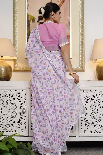 cotton blend floral print ready to wear saree with pocket off white