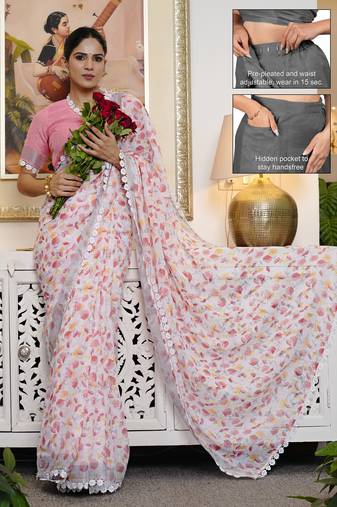 cotton blend floral print ready to wear saree with pocket off white