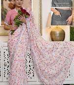 cotton blend floral print ready to wear saree with pocket off white