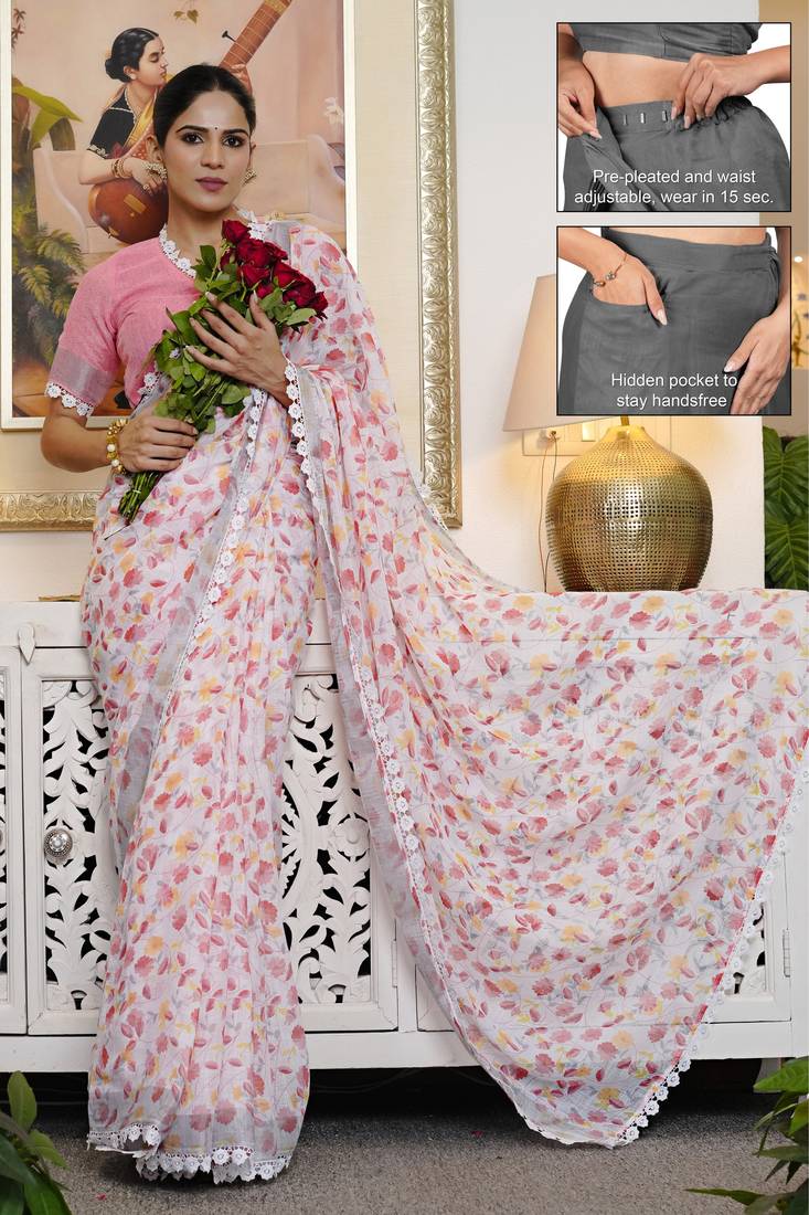 cotton blend floral print ready to wear saree with pocket off white