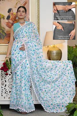 cotton blend floral print ready to wear saree with pocket white 1
