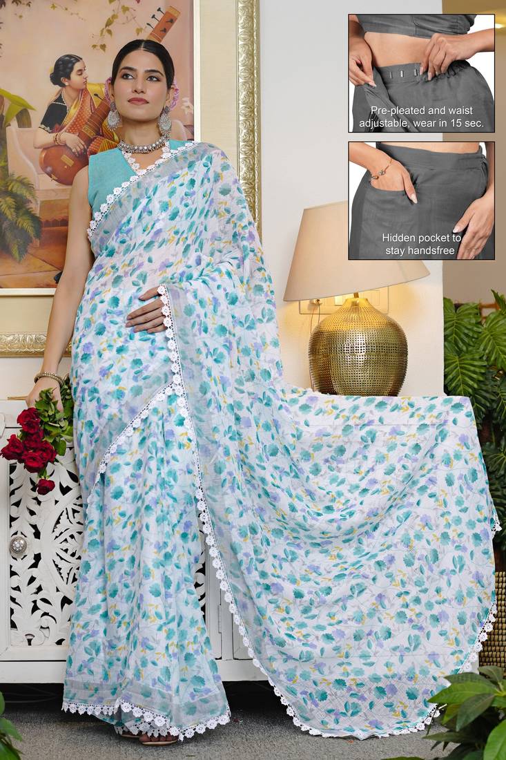 cotton blend floral print ready to wear saree with pocket white