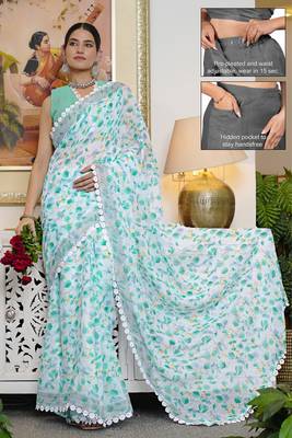 cotton blend floral print ready to wear saree with pocket white 1