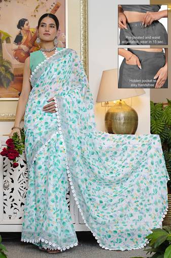 cotton blend floral print ready to wear saree with pocket white