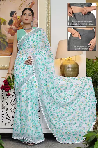 cotton blend floral print ready to wear saree with pocket white