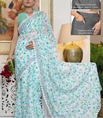 cotton blend floral print ready to wear saree with pocket white