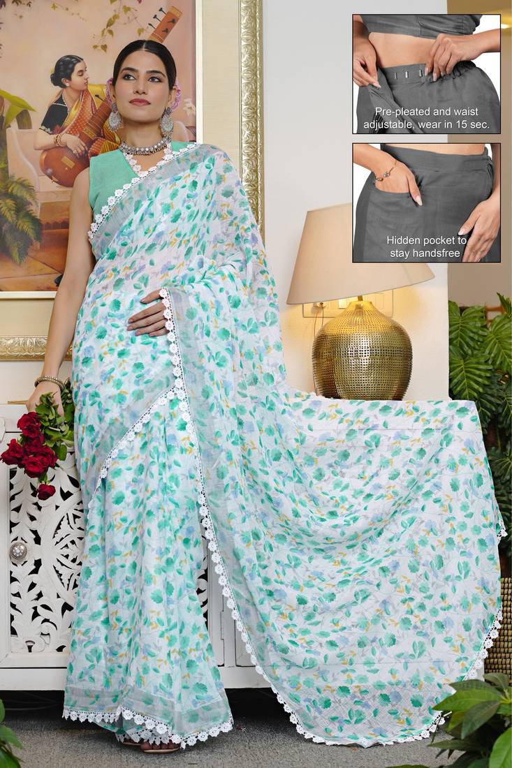 cotton blend floral print ready to wear saree with pocket white