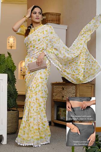 cotton blend floral print ready to wear saree with pocket off white