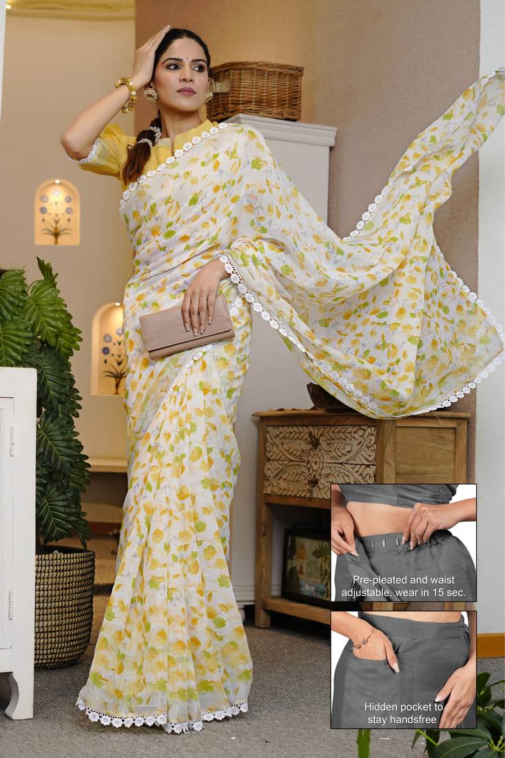 cotton blend floral print ready to wear saree with pocket off white