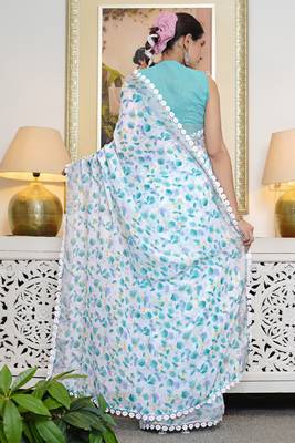 cotton blend floral print ready to wear saree with pocket white 3