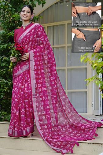 cotton blend floral block print ready to wear saree with pocket dark pink